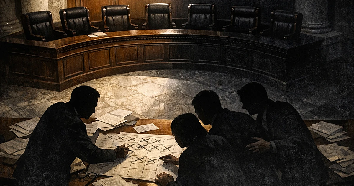 Empty judicial chairs behind bench with silhouetted figures manipulating timeline documents in darkened courtroom