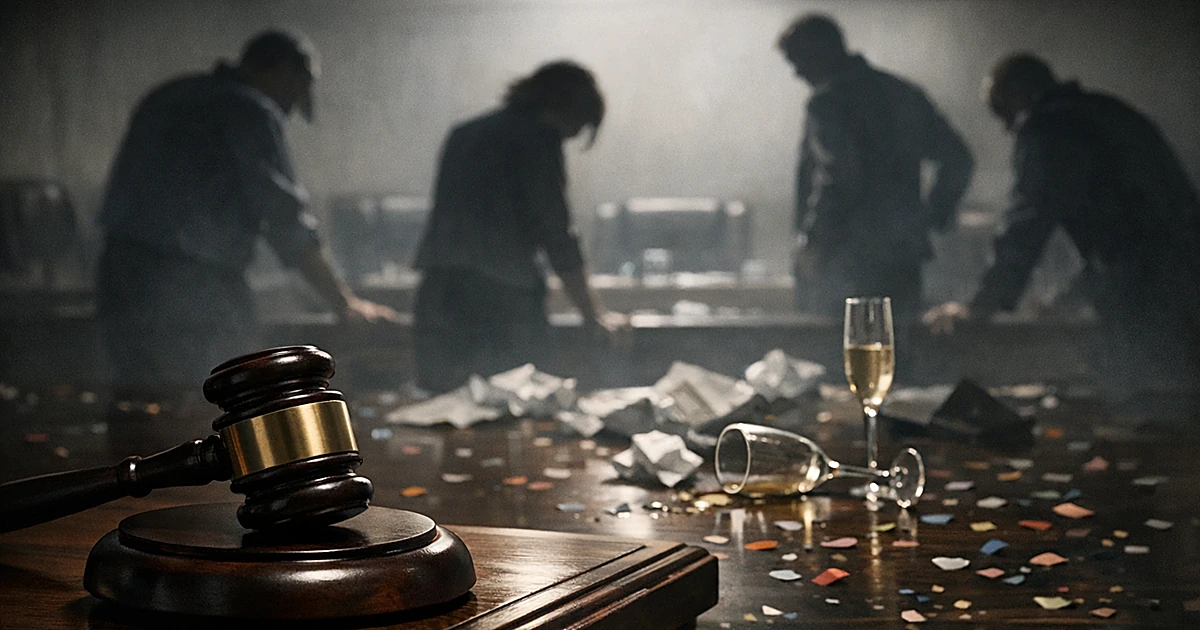 Gavel on judicial bench with silhouetted figures around table with crumpled papers and overturned champagne glass