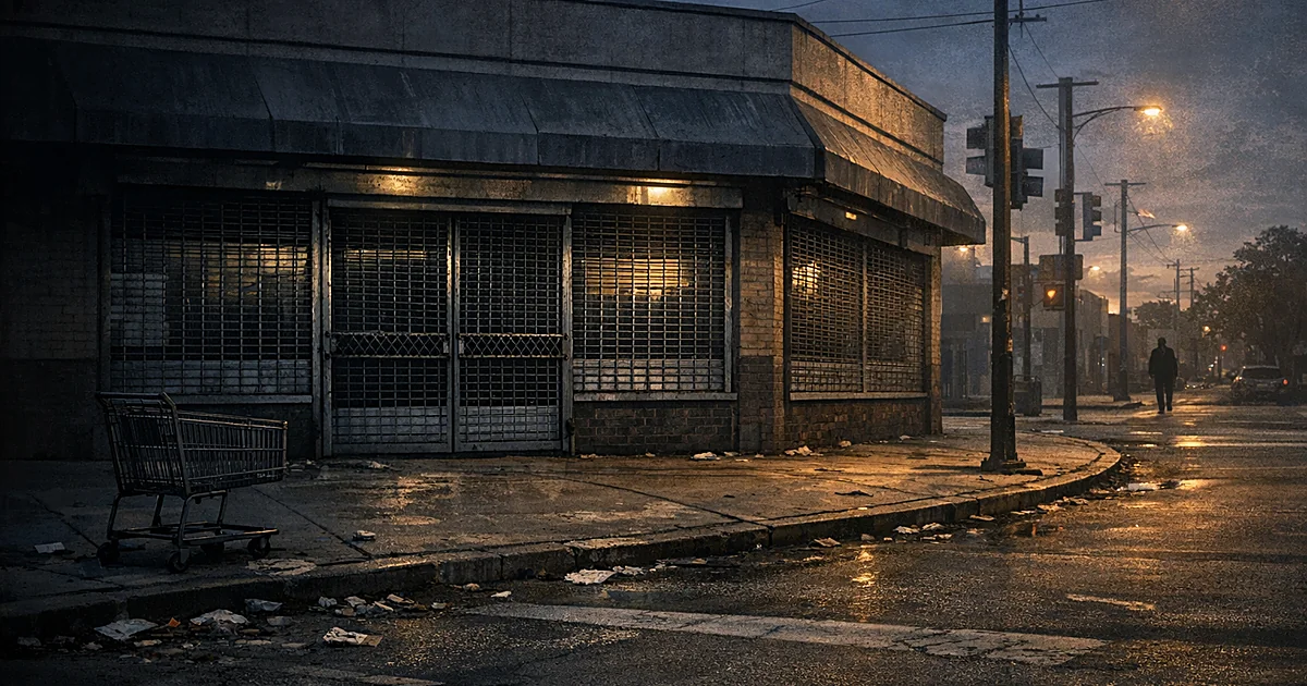 Closed pharmacy with security gates down on empty urban street corner at dusk with abandoned shopping cart
