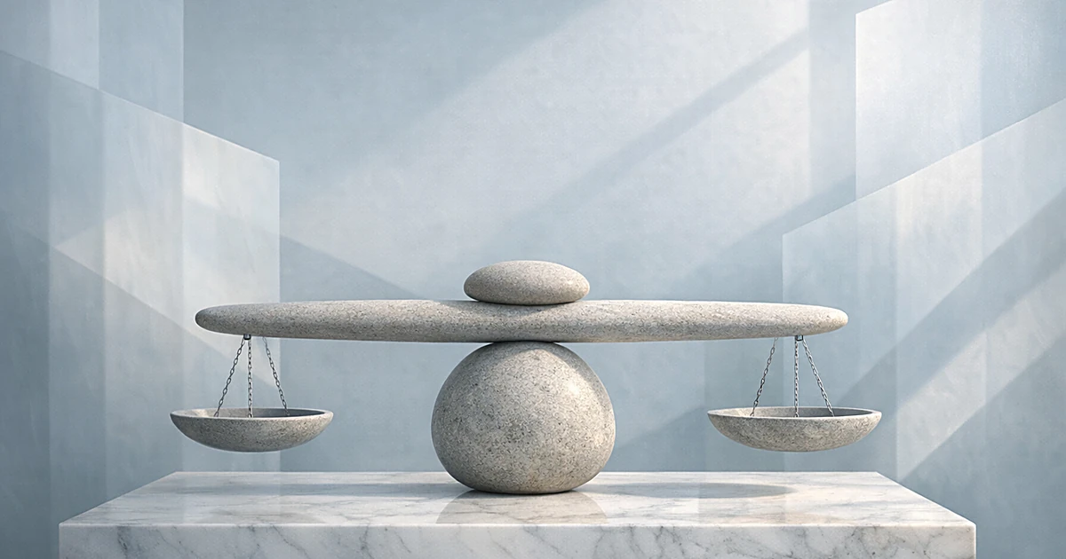 Abstract stone scales balanced on marble pedestal with soft geometric light patterns