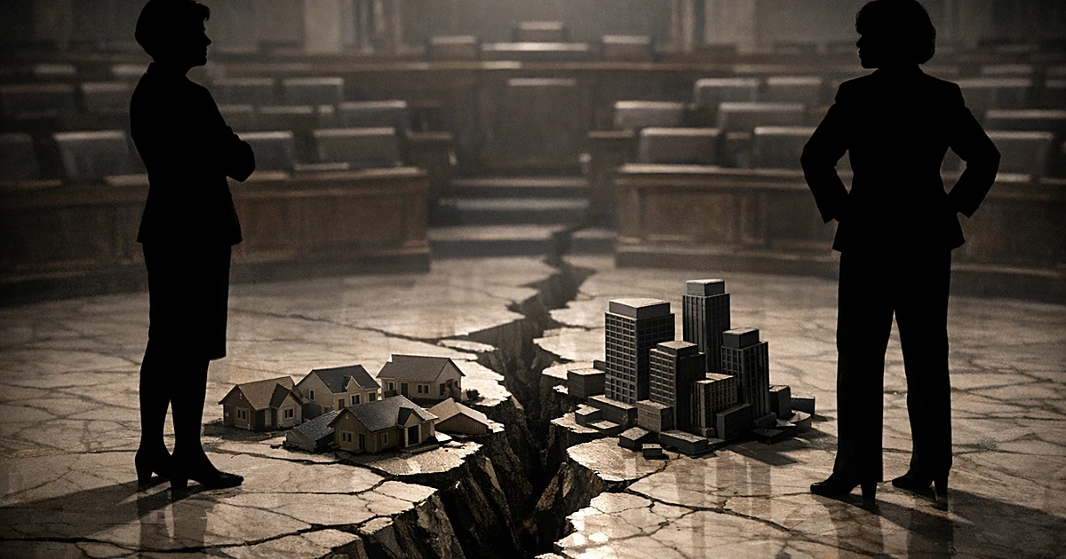 Two silhouetted figures stand on opposite sides of a cracked floor with house models between them in a legislative chamber