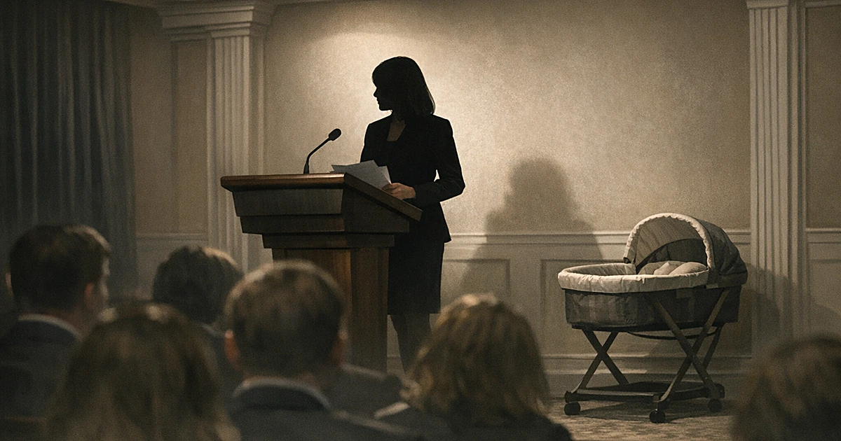 Silhouette at briefing room podium with journalists seated facing forward and bassinet visible at room's edge