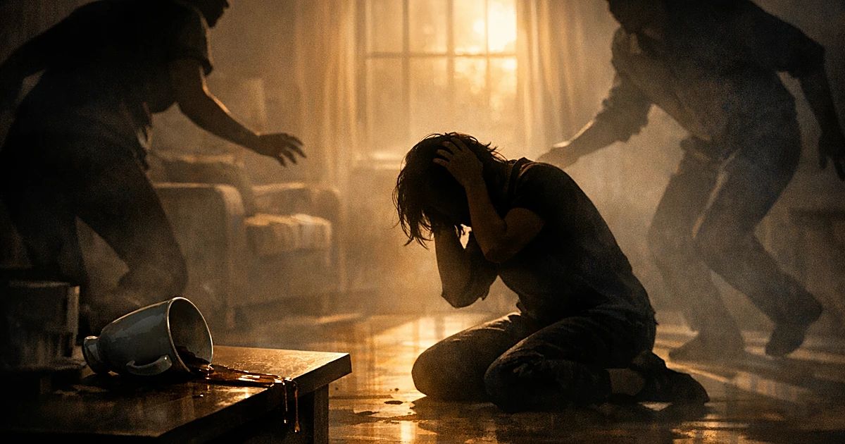 Silhouetted figure kneeling in pain while two others rush to help in a dimly lit room with spilled tea