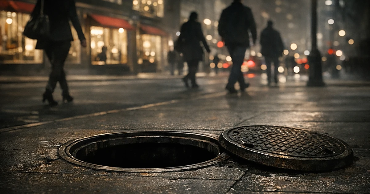 Open manhole on dark city sidewalk with displaced cover, pedestrian silhouettes walking past under streetlights