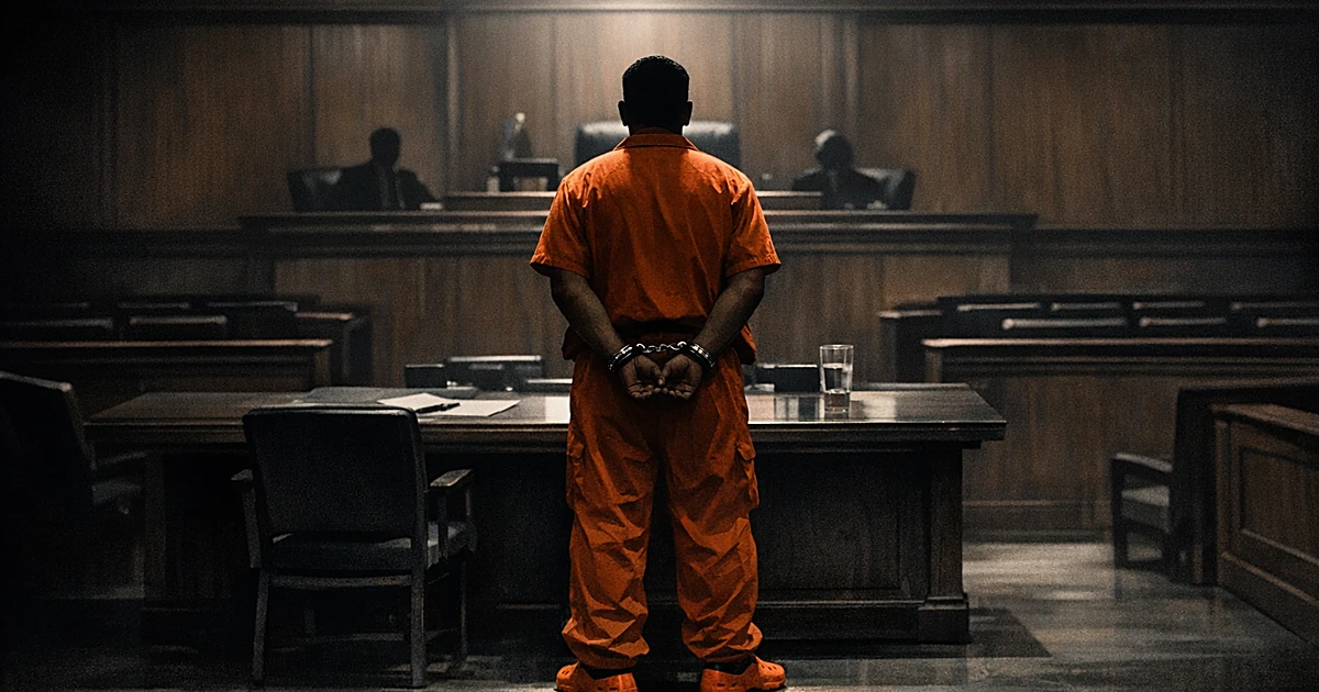Silhouette of shackled defendant in orange prison clothing standing in federal courtroom viewed from behind