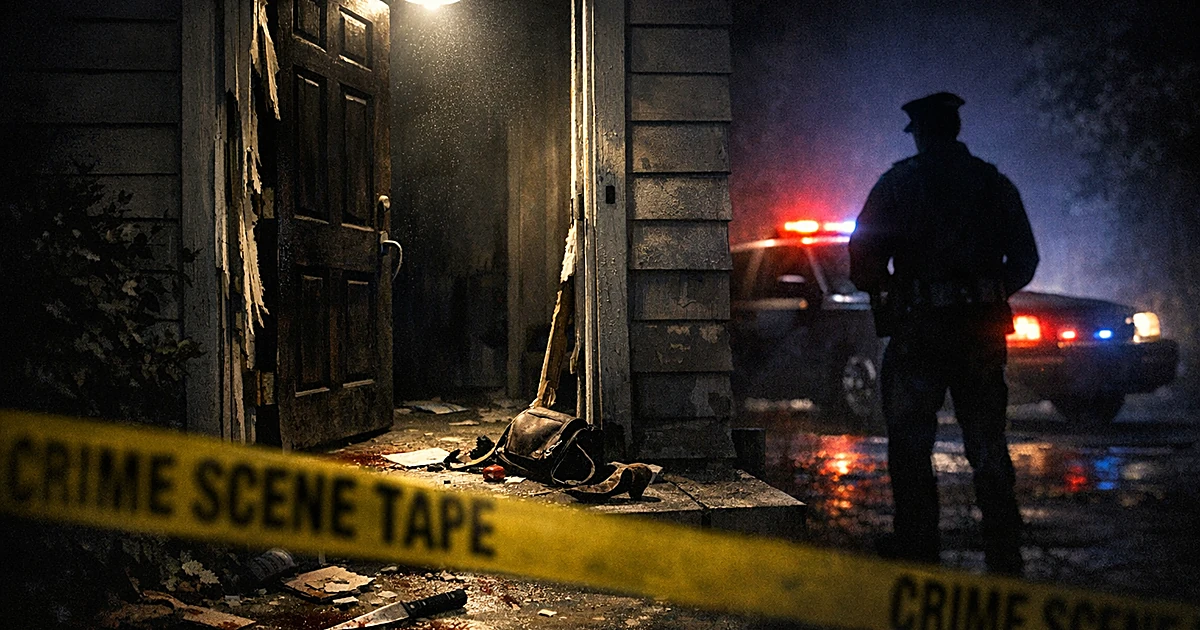 Dark residential doorway with crime scene tape and silhouetted law enforcement officer in background at night