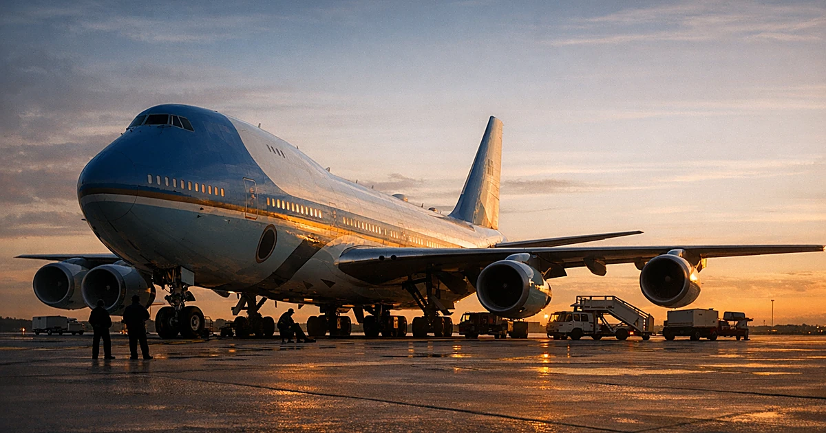 Blue and white Boeing 747 aircraft on tarmac at sunset with silhouetted ground crew working nearby