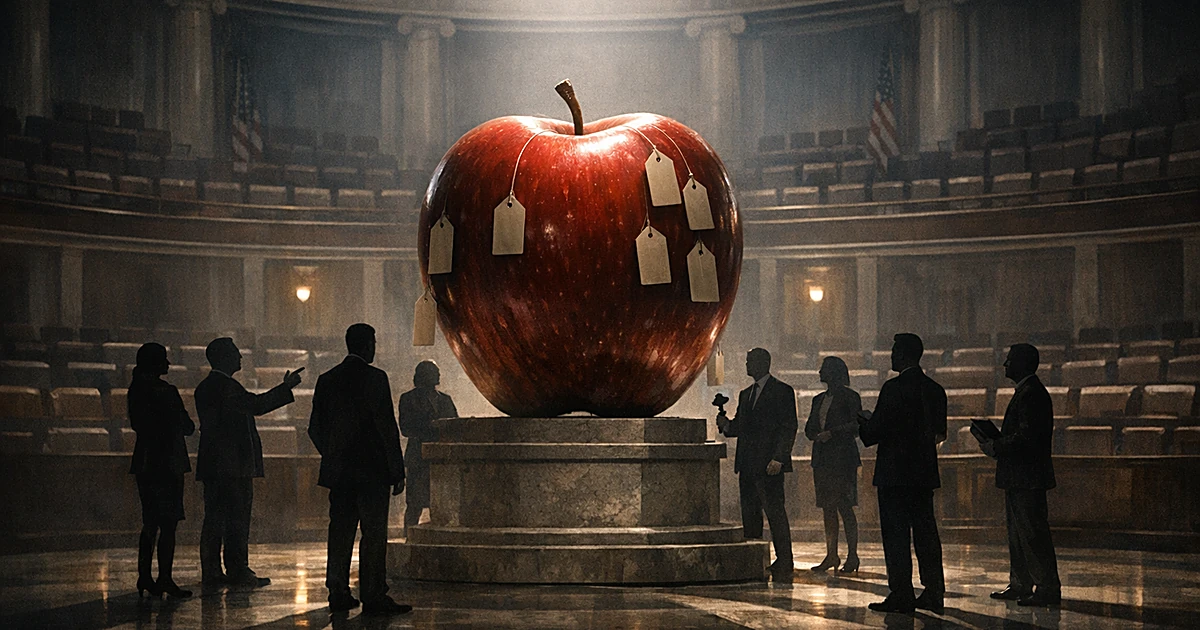 Giant apple on pedestal surrounded by silhouetted figures in congressional chamber with price tags hanging from fruit