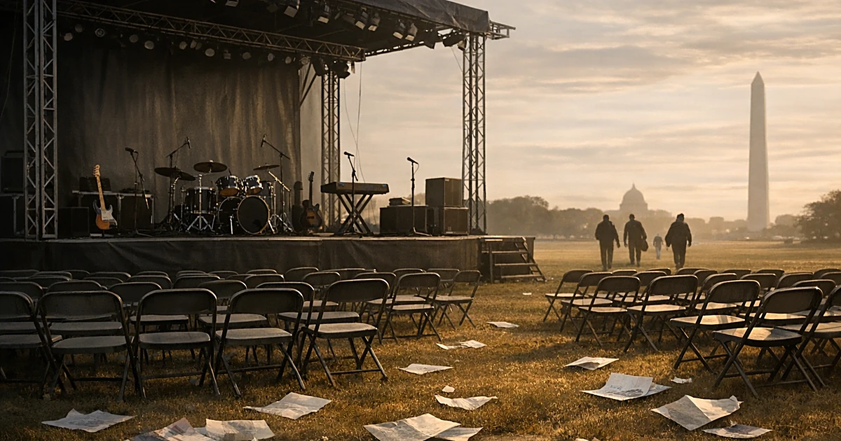 Empty concert stage with abandoned instruments and vacant chairs on lawn as distant figures walk away