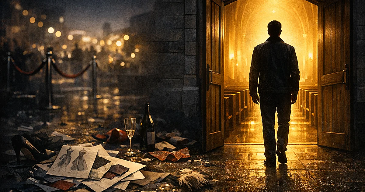 Silhouetted figure at church entrance with fashion industry items scattered on dark street behind them