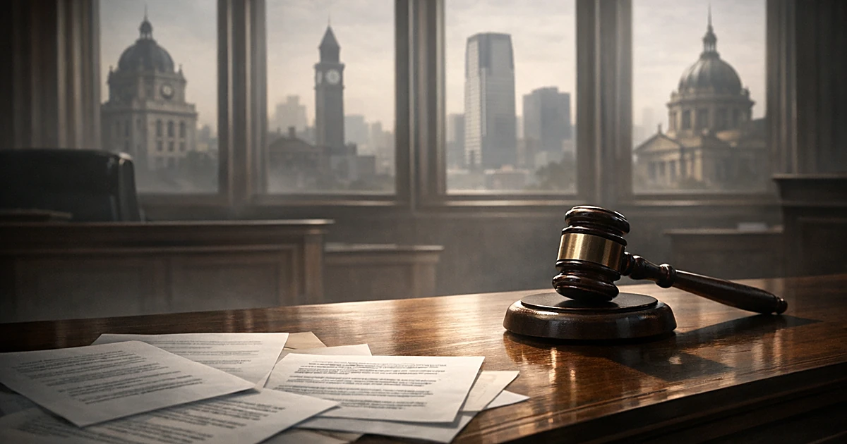 Empty courtroom with gavel on bench and silhouettes of four city buildings visible through windows in background