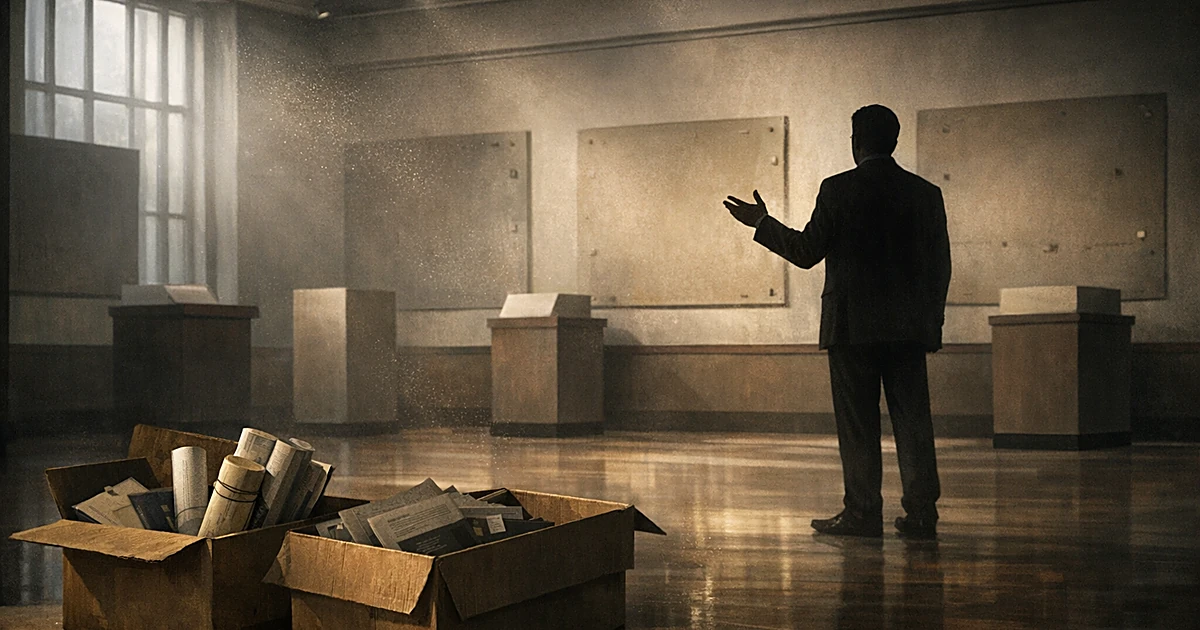 Empty museum gallery with bare walls and pedestals, boxes of removed exhibits on floor, silhouetted figure gesturing