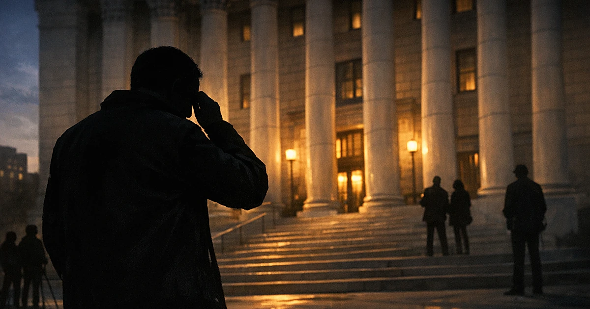 Silhouetted person from behind outside courthouse steps, hand raised to face in emotional gesture at dusk