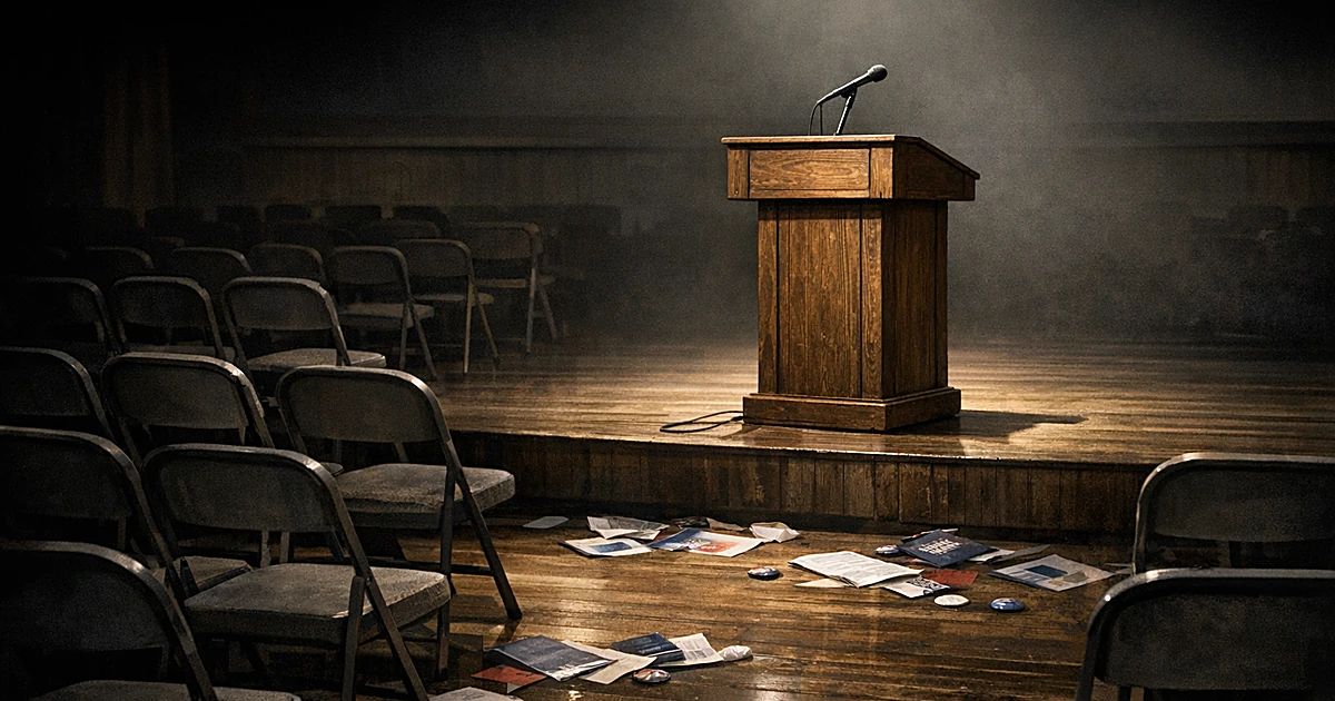 Empty podium on stage with vacant chairs and scattered campaign materials in dimly lit venue