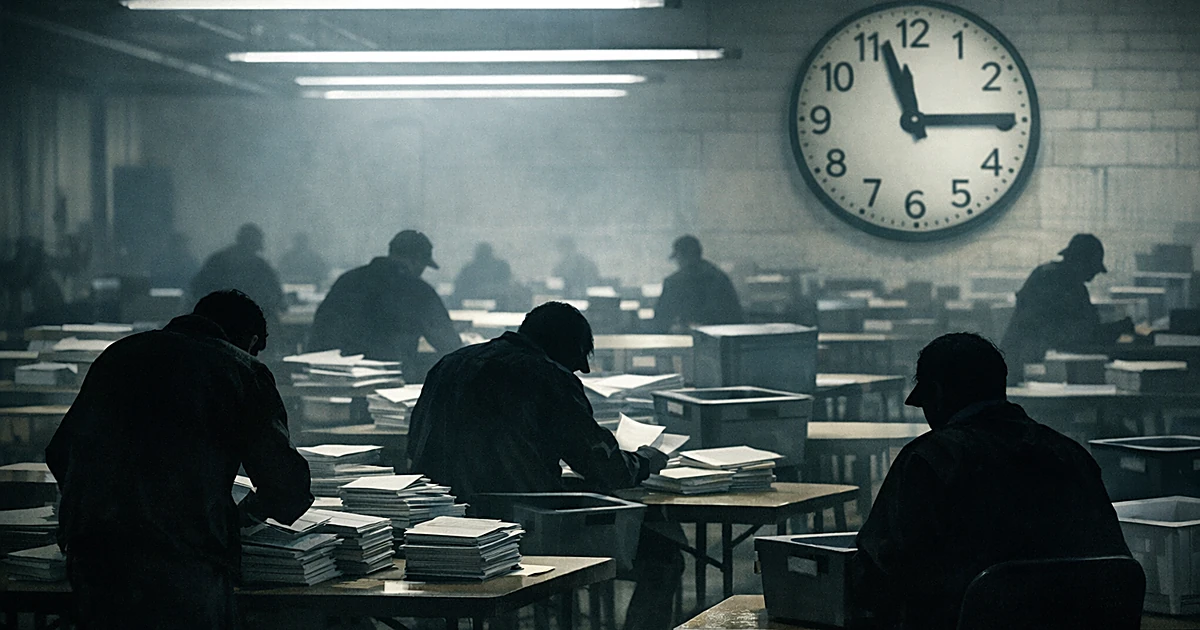 Silhouetted workers from behind processing stacks of ballots at tables in a dim warehouse with overhead lighting