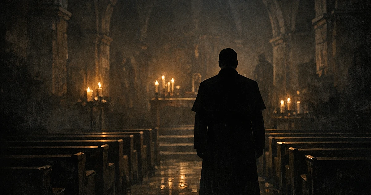 Silhouetted priest standing alone in shadowy church interior with candlelight and empty pews