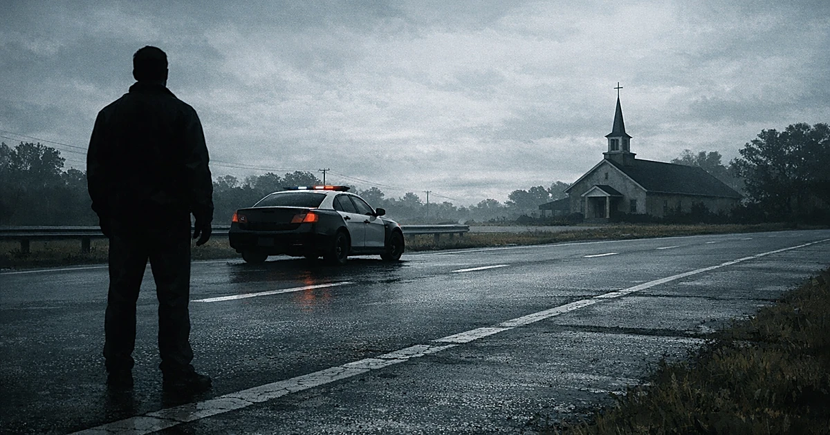 Silhouetted figure separated from church by highway with police vehicle between them in overcast setting
