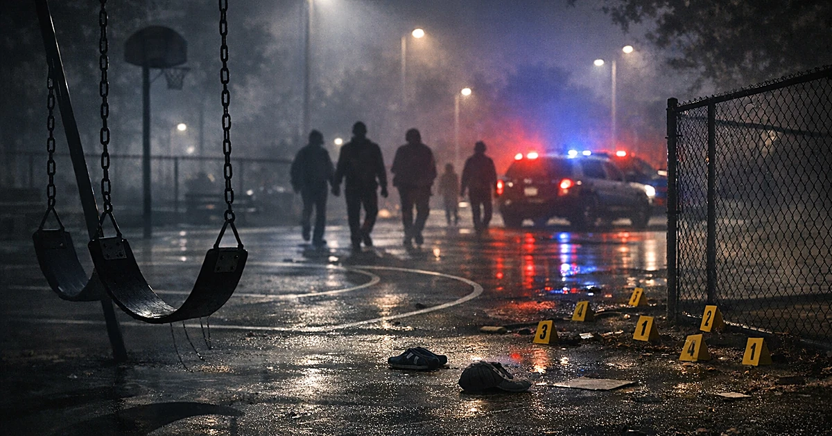 Empty urban park at night with evidence markers on ground and emergency lights reflecting on wet pavement