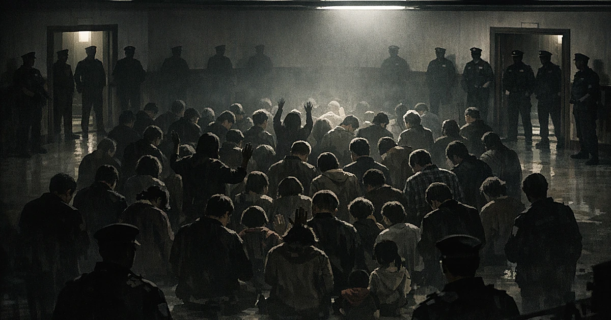 Silhouetted worshippers in a ballroom surrounded by uniformed figures standing in doorways and along walls