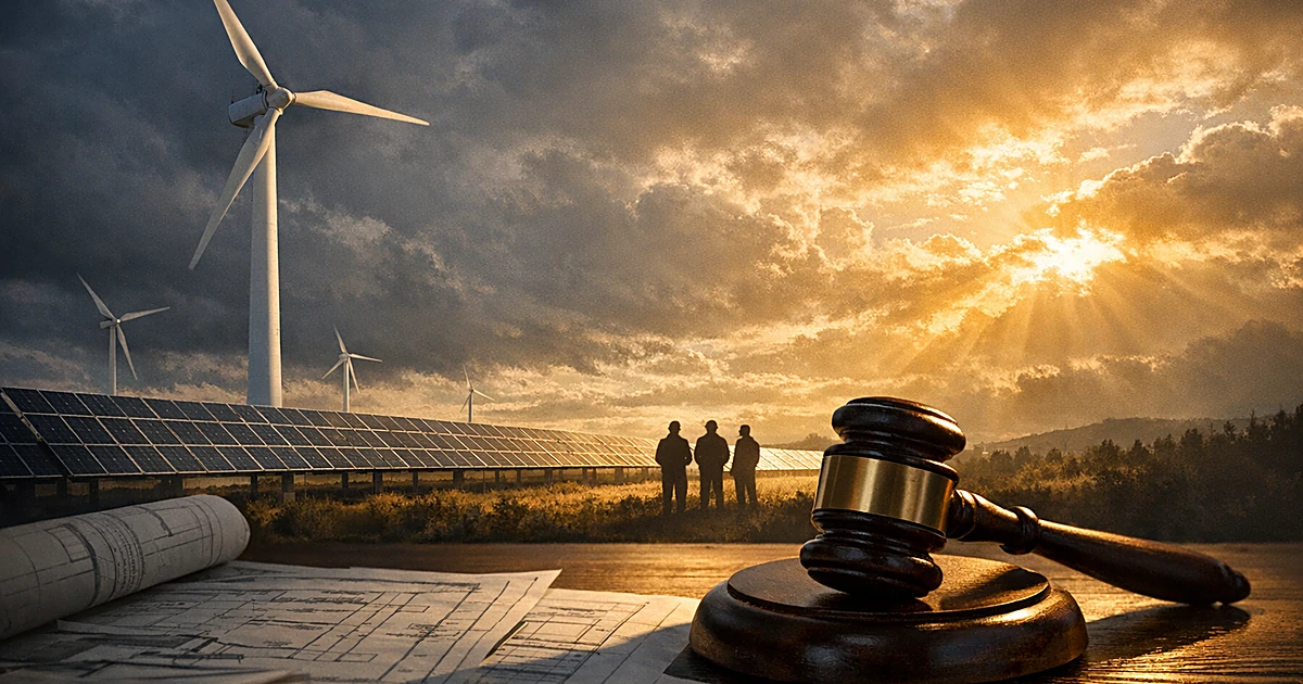 Wind turbine and solar panels above a gavel resting on construction documents under dramatic cloudy sky