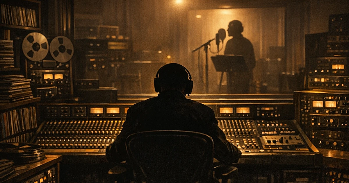 Silhouetted music producer at mixing console overlooking recording booth with performer at microphone