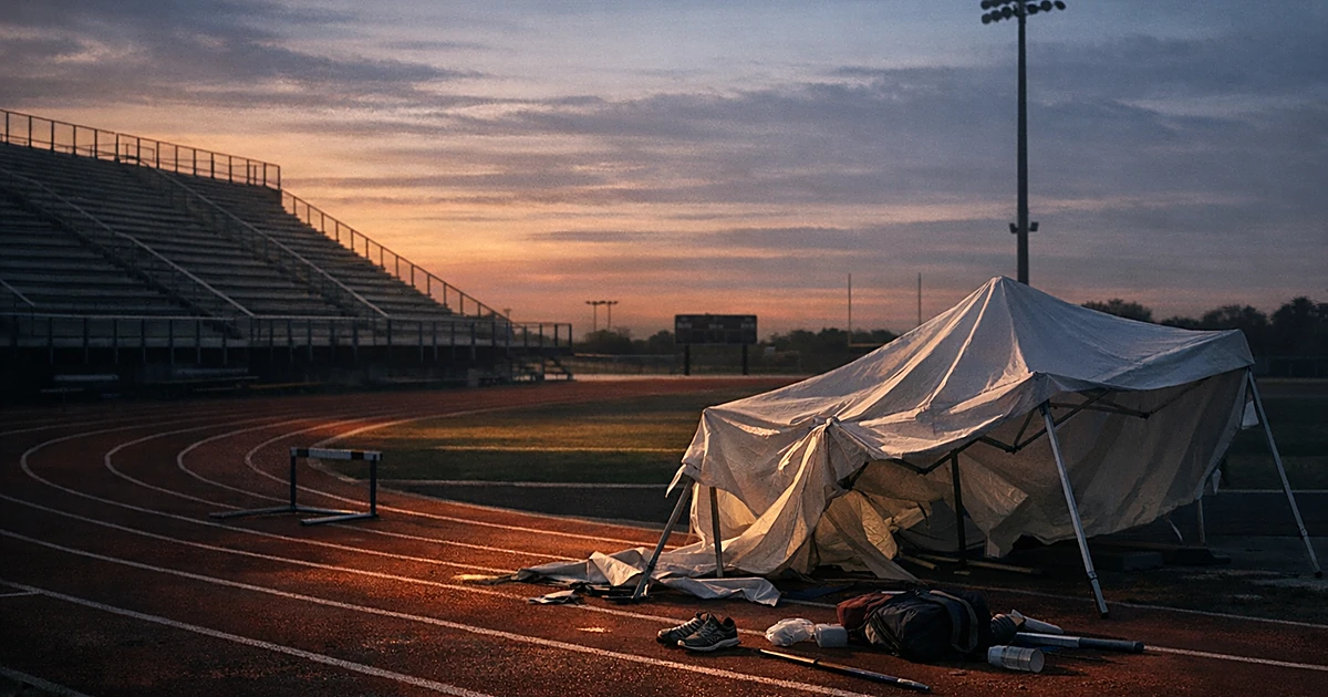 Empty track stadium at dusk with collapsed team tent and scattered equipment casting shadows across red running lanes