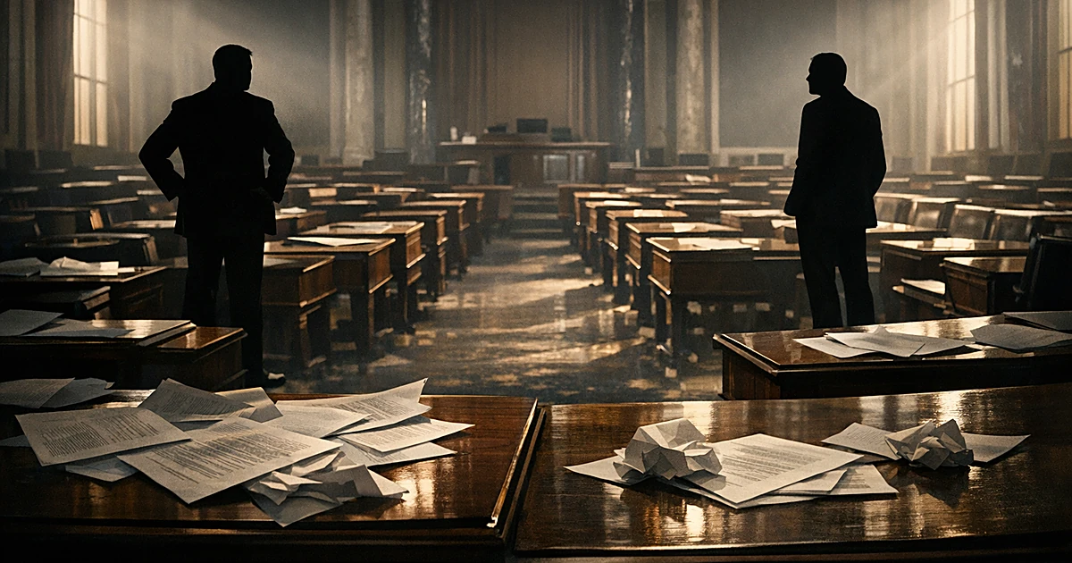 Two silhouetted figures stand apart in opposite sides of Senate chamber with empty desks between them