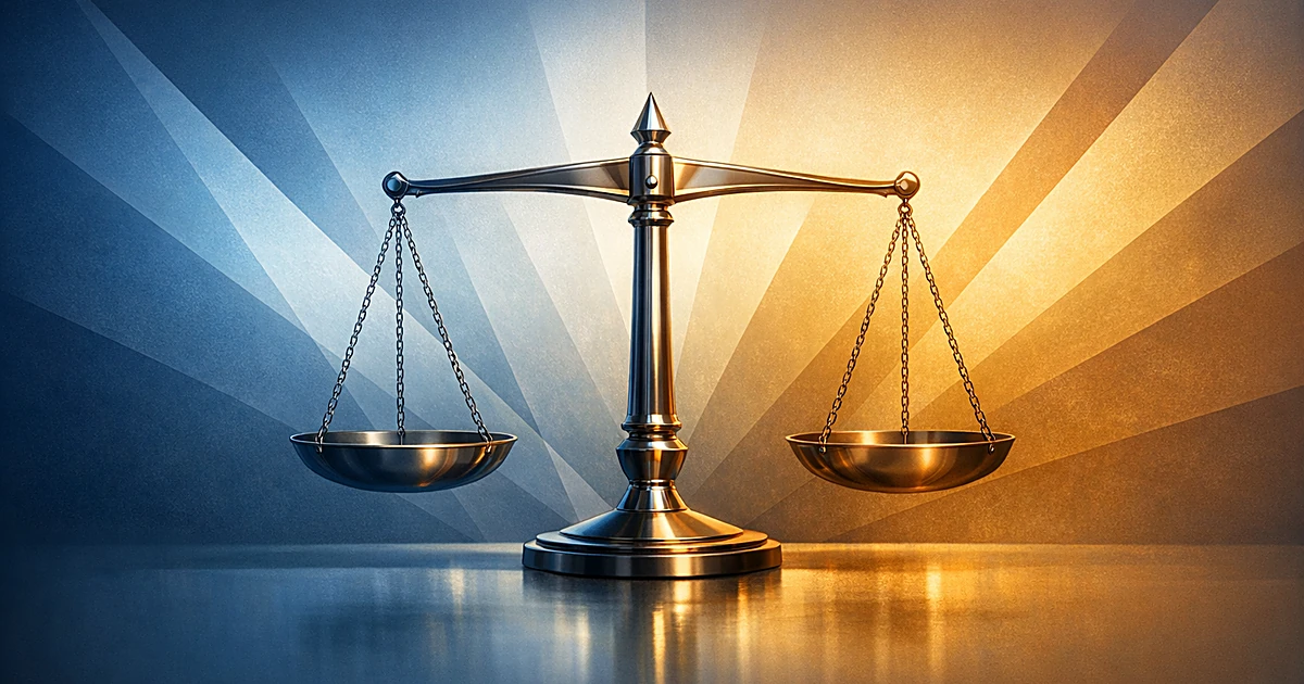 Abstract balanced scales with geometric light rays on gradient background representing justice and legal systems
