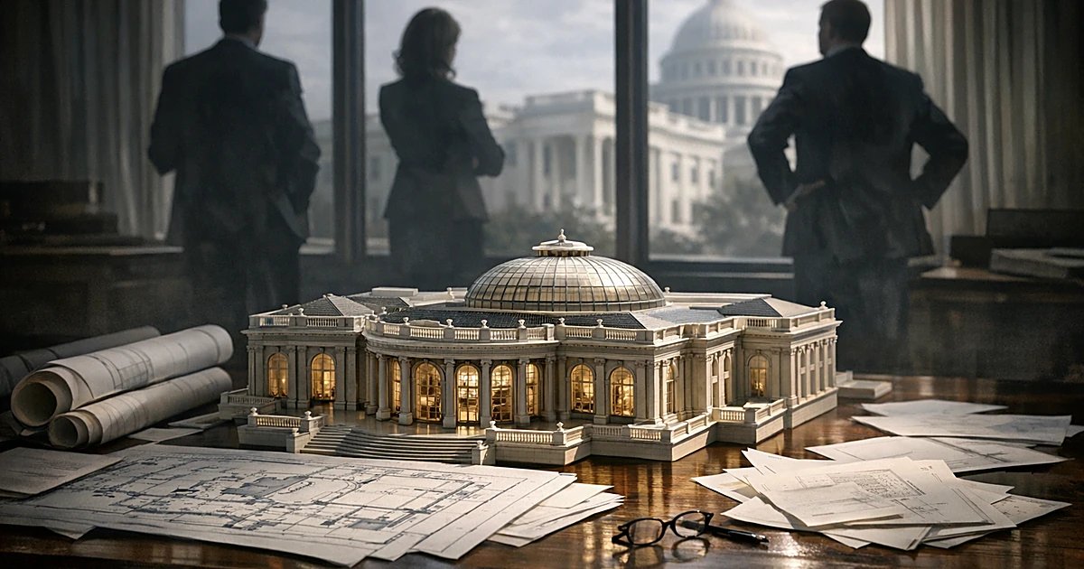 Silhouetted figures viewing ballroom architectural plans with government buildings visible through windows