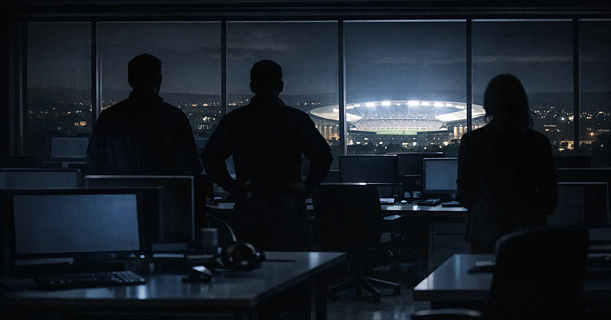 Dark surveillance room with empty monitors overlooking an illuminated stadium in the distance at night