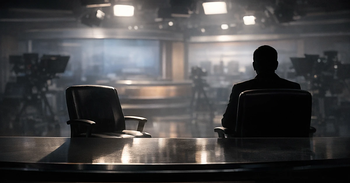 Empty news anchor chair pushed away from desk in darkened television studio, symbolizing workplace displacement