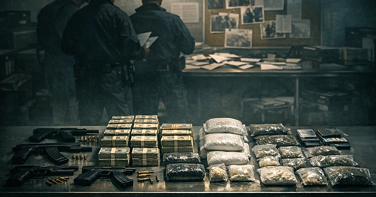 Overhead view of evidence table with weapons and contraband, silhouetted federal agents working in background