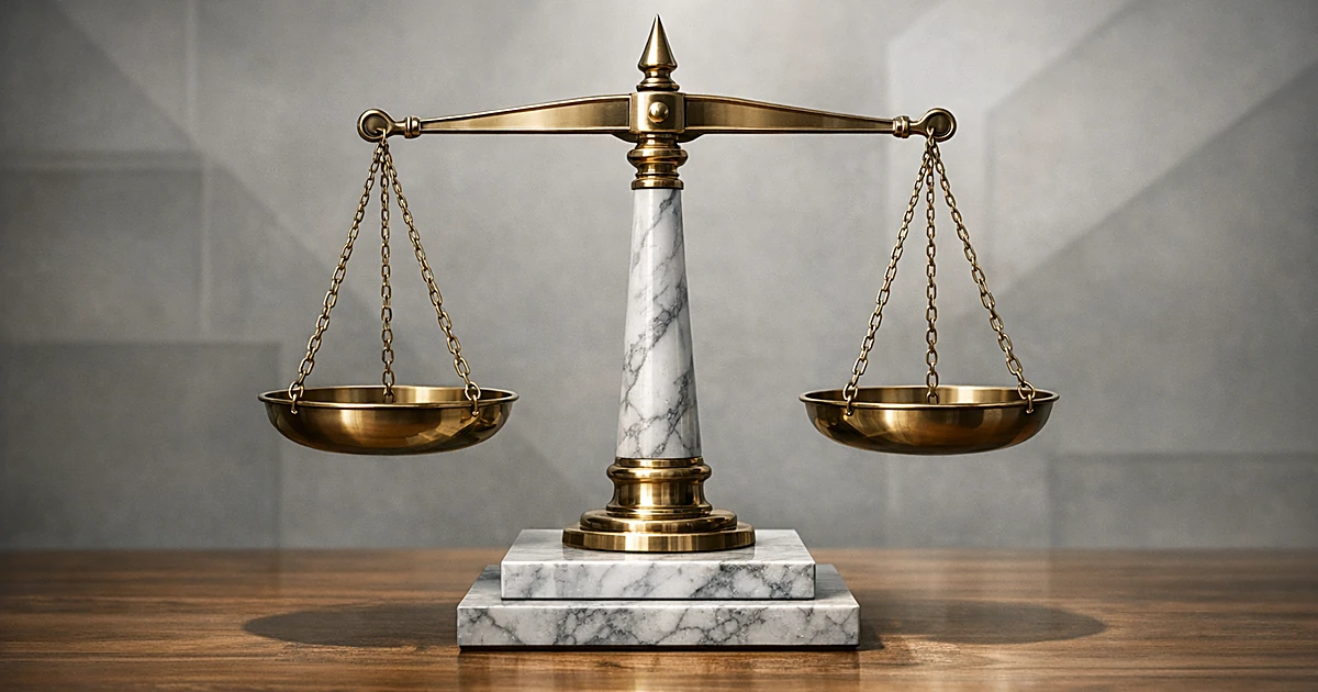 Marble scales of justice on wooden surface with soft natural lighting and geometric background