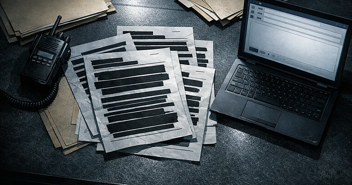 Overhead view of redacted FBI documents with black bars next to laptop showing email interface on shadowy desk