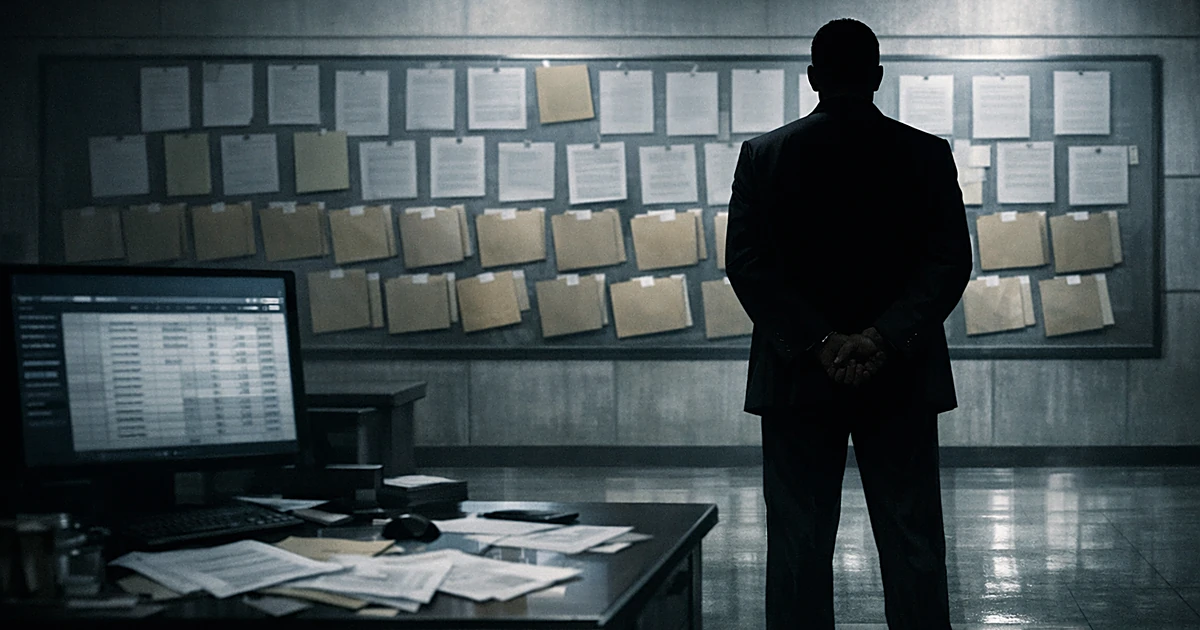 Silhouetted figure in government corridor facing wall of documents with financial papers on desk in foreground