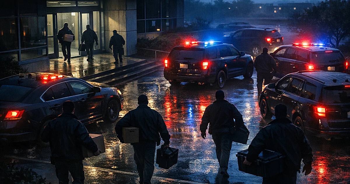 Overhead view of law enforcement vehicles and silhouetted agents carrying boxes outside an office building at dawn