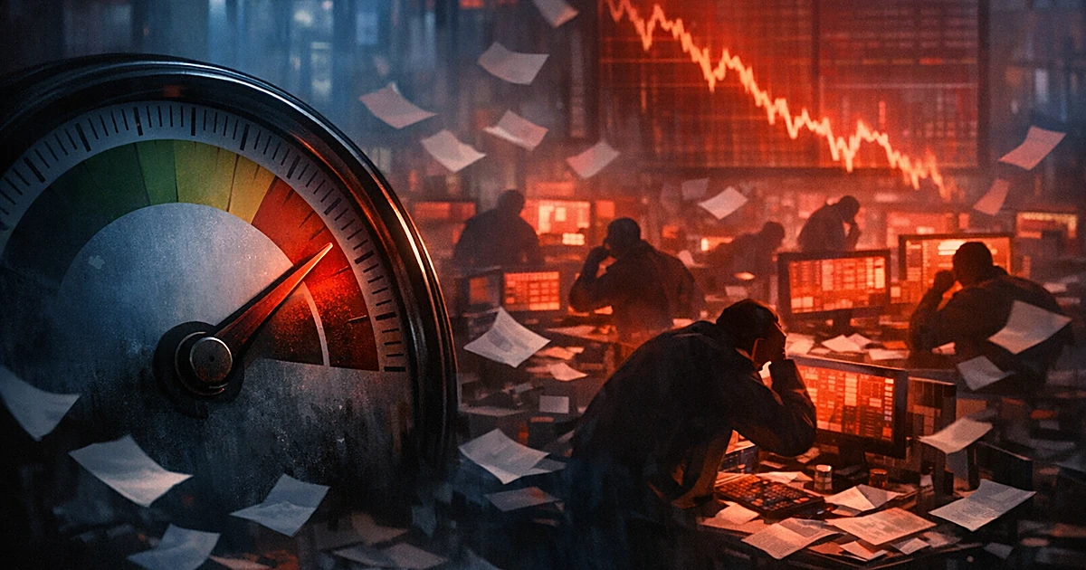 Silhouetted traders at desks with papers flying, dominated by a pressure gauge needle in the red zone
