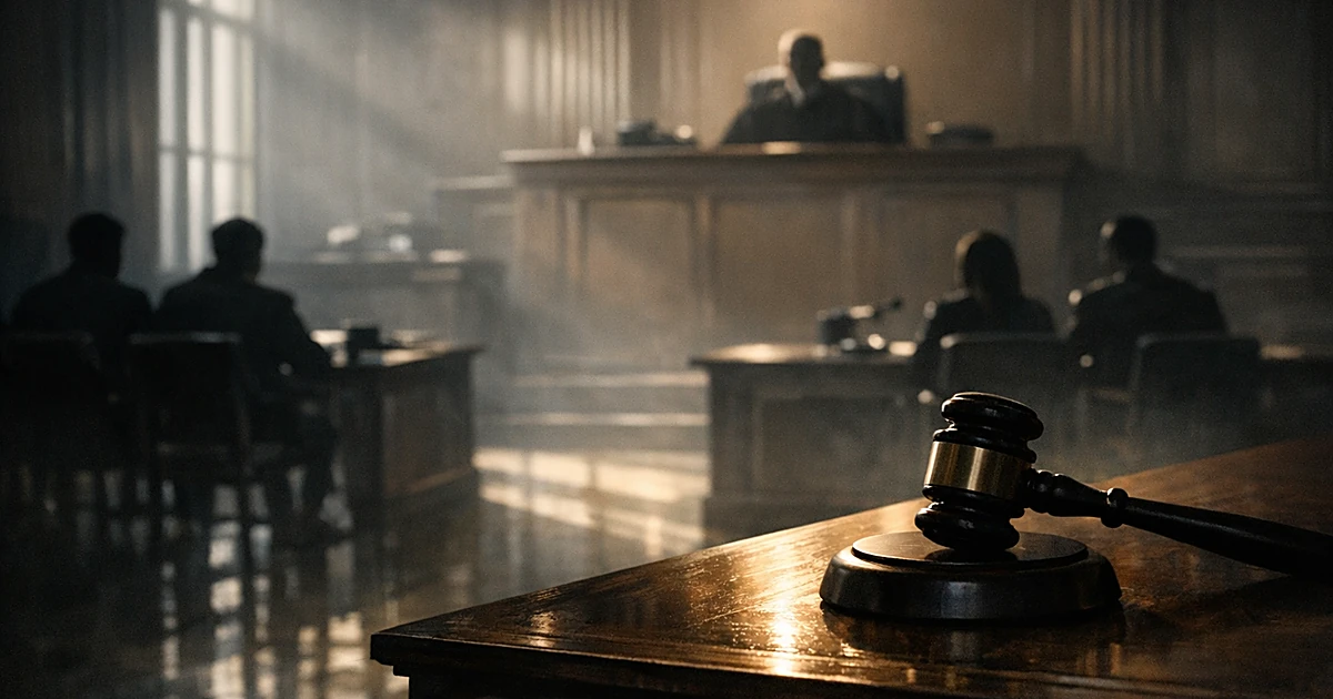 Dark courtroom interior with silhouetted figures and judge's bench, dramatic shadows emphasizing gravity of proceedings