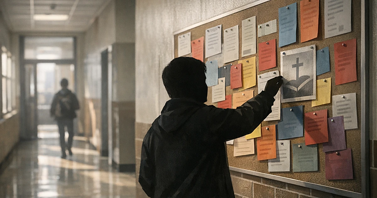 Silhouetted person posting flyers on school bulletin board in sunlit hallway