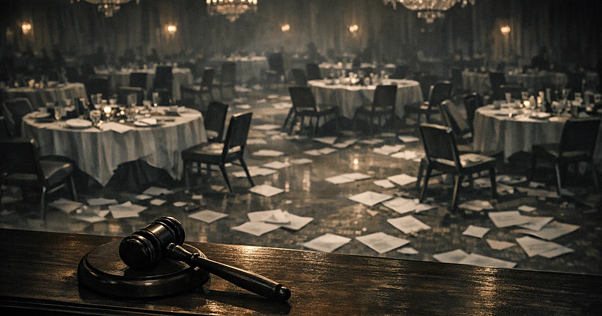 Overhead view of disrupted formal dinner venue with judge's gavel in foreground and empty tables in atmospheric lighting