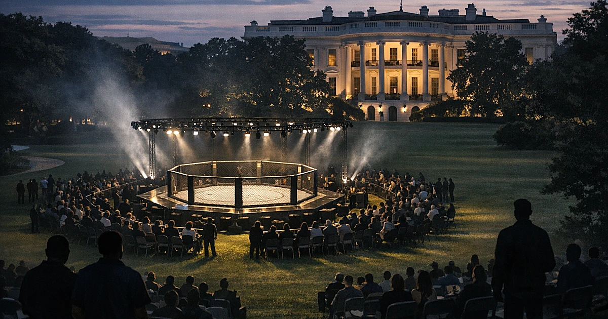Aerial view of illuminated octagonal fighting cage on formal lawn with silhouetted figures surrounding it at dusk