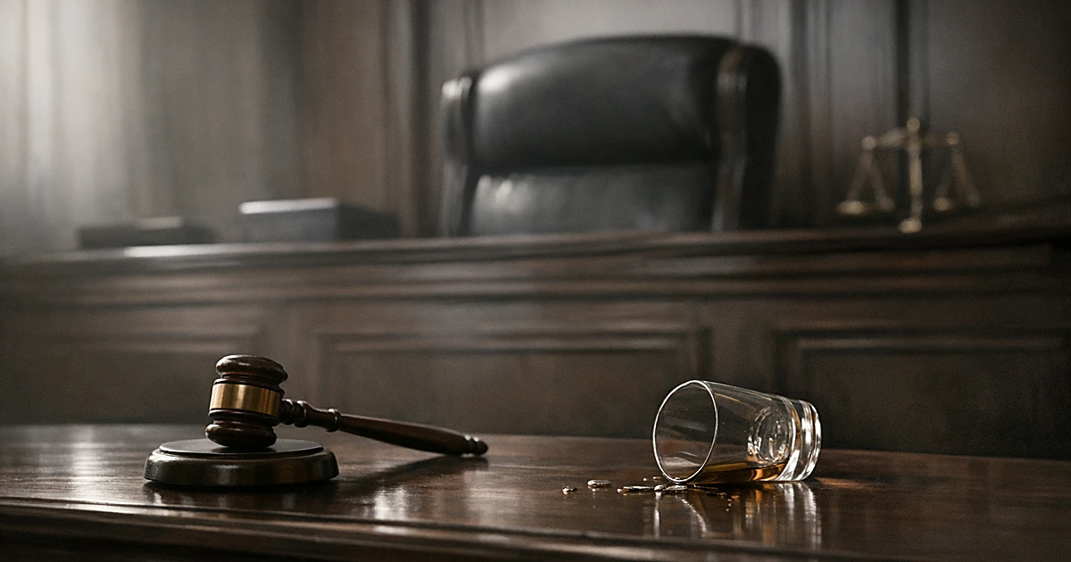 Empty judge's bench in dim courtroom with gavel and overturned glass on surface