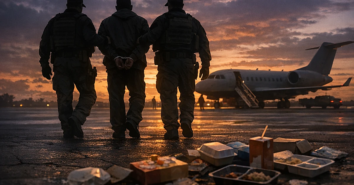 Silhouetted figure in handcuffs escorted across tarmac with abandoned meal boxes in foreground at dusk