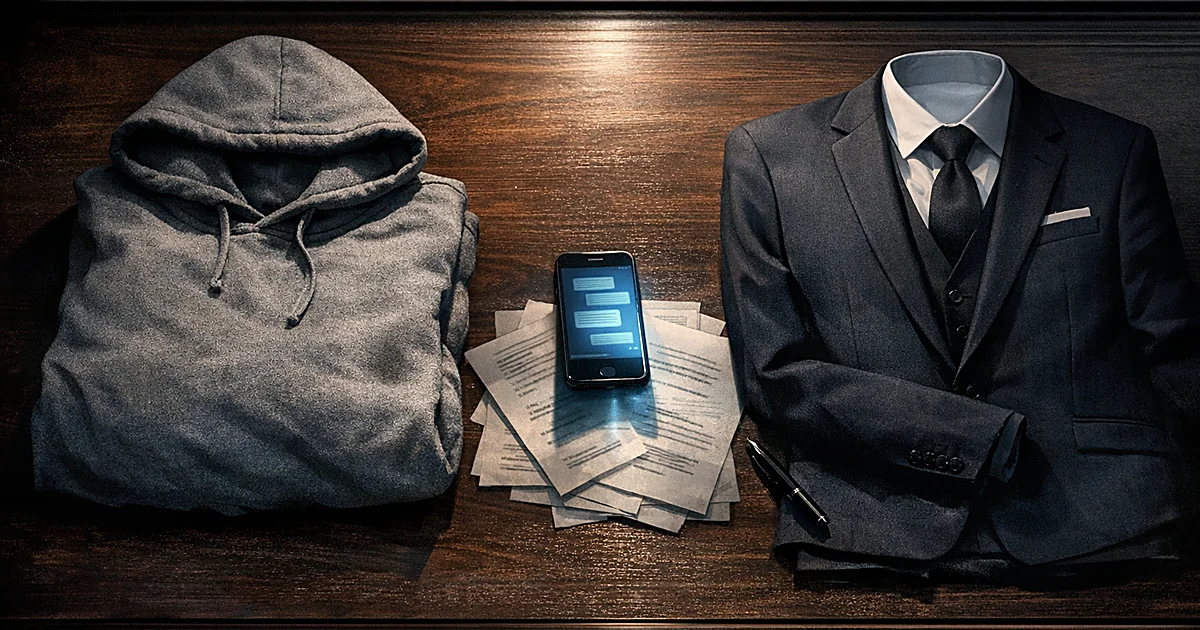Overhead view of Senate desk with hoodie and suit jacket on opposite sides, illuminated smartphone between them