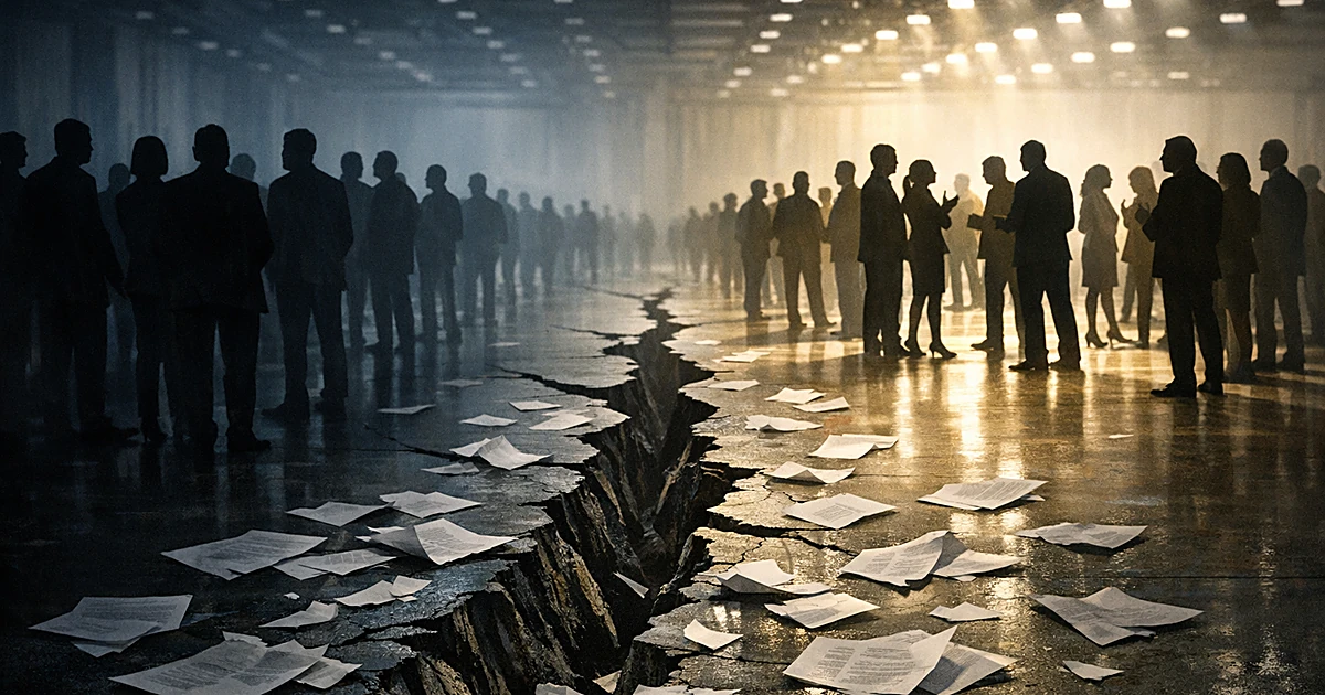 Silhouetted figures separated by a crack in a meeting hall floor, representing political party division