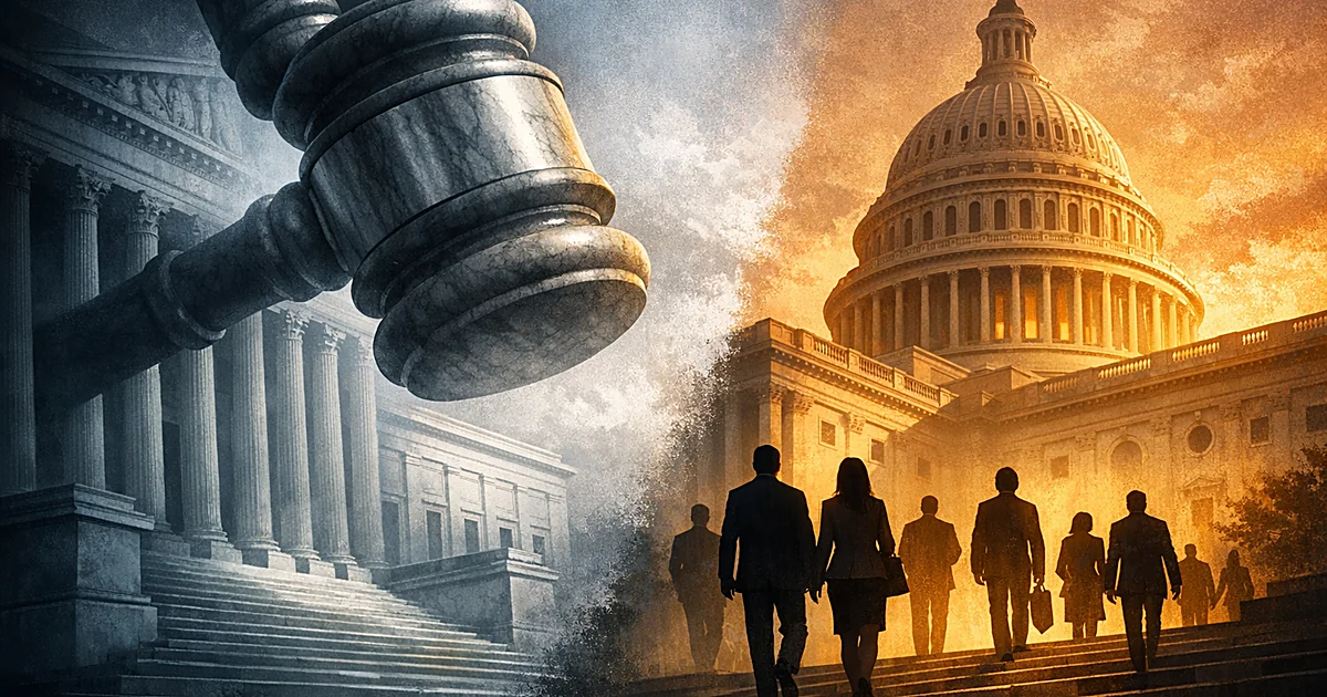 Large gavel descending toward columned building while silhouetted figures approach separate domed government structure