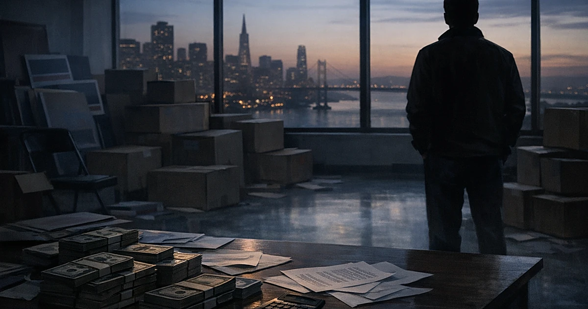 Silhouetted figure in empty campaign office with cash and boxes, San Francisco skyline visible through windows