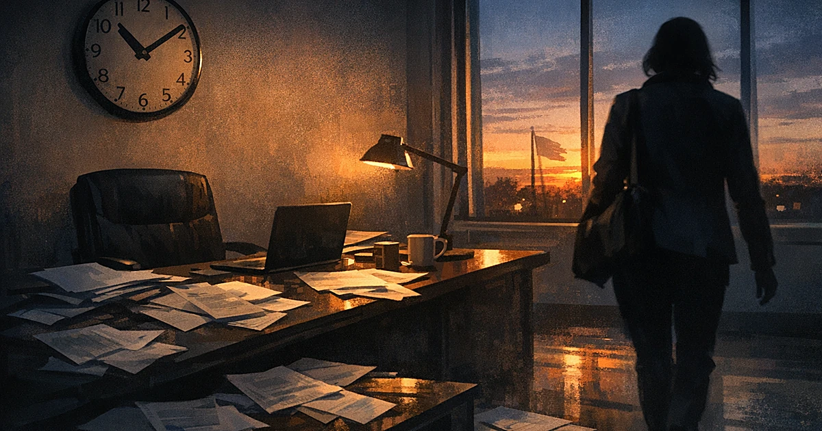 Silhouetted figure leaving campaign office with scattered papers on desk in evening light