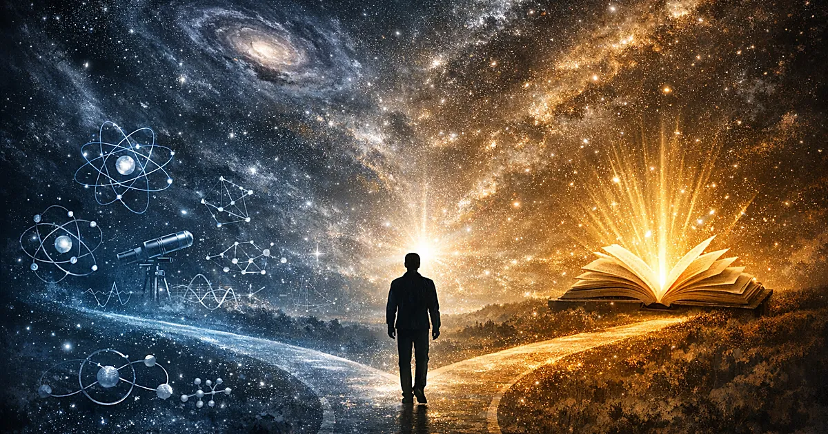 Silhouette at crossroads between glowing scientific symbols and illuminated book in cosmic space