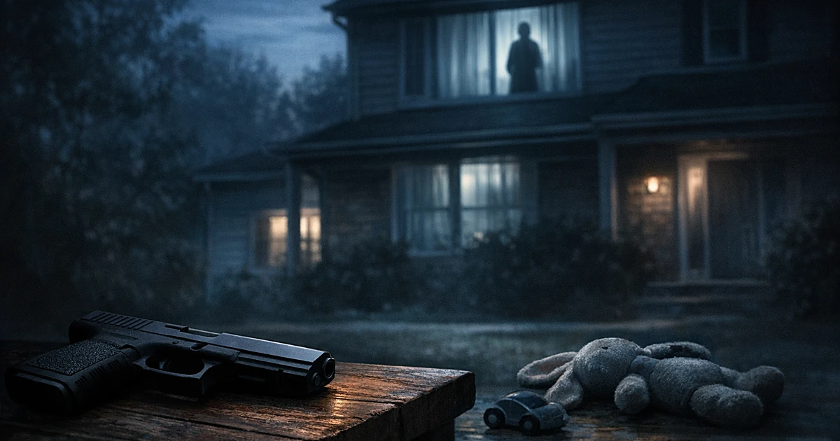 Government firearm and child's toy in darkened suburban home interior with silhouette visible through window